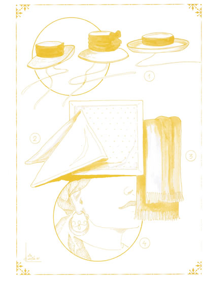 Detalles de los sombreros, salsillos y pañuelos de la vestimenta tracicional de campesina de Tenerife del s. XIX